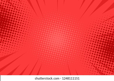 Pop art comic book strip cover design. Explosion, isolated retro style comics radial red background. Halftone colored background frame.