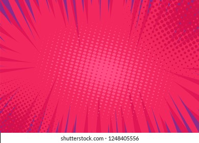 Pop art comic book strip cover design. Explosion, isolated retro style comics radial pink, background. Halftone colored background frame.