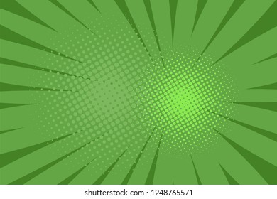 Pop art comic book strip cover design. Explosion, isolated retro style comics radial green background. Halftone colored background frame.