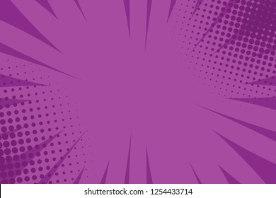 Pop art comic book strip cover design. Explosion, isolated retro style comics radial lilac, purple background. Halftone colored background frame.