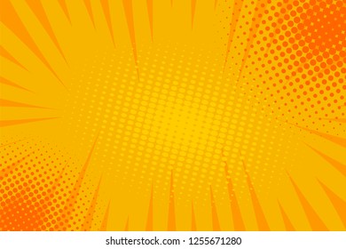 Pop art comic book strip cover design. Explosion, isolated retro style comics radial yellow background. Halftone colored background frame.