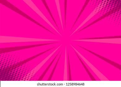 Pop art comic book strip cover design. Explosion, isolated retro style comics radial pink, background. Halftone colored background frame.