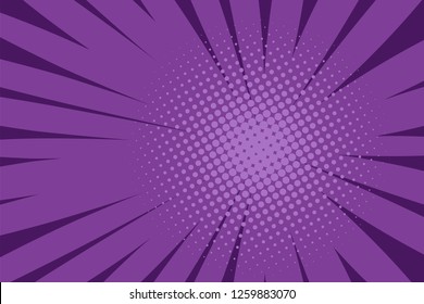 Pop art comic book strip cover design. Explosion, isolated retro style comics radial lilac, purple background. Halftone colored background frame.