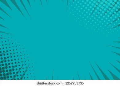 Pop art comic book strip cover design. Explosion, isolated retro style comics radial blue background. Halftone colored background frame.