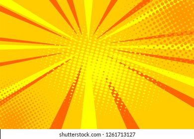 Pop art comic book strip cover design. Explosion, isolated retro style comics radial yellow background. Halftone colored background frame.