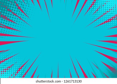 Pop art comic book strip cover design. Explosion, isolated retro style comics radial blue background. Halftone colored background frame.