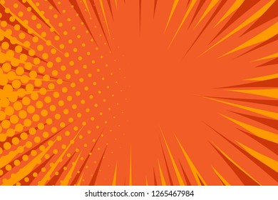 Pop art comic book strip cover design. Explosion, isolated retro style comics radial orange background. Halftone colored background frame.