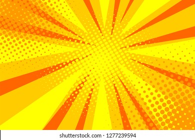 Pop art comic book strip cover design. Explosion, isolated retro style comics radial yellow background. Halftone colored background frame.
