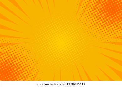 Pop art comic book strip cover design. Explosion, isolated retro style comics radial yellow background. Halftone colored background frame.