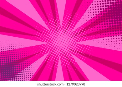 Pop art comic book strip cover design. Explosion, isolated retro style comics radial pink, background. Halftone colored background frame.