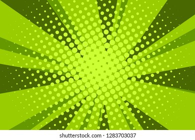 Pop art comic book strip cover design. Explosion, isolated retro style comics radial green background. Halftone colored background frame.