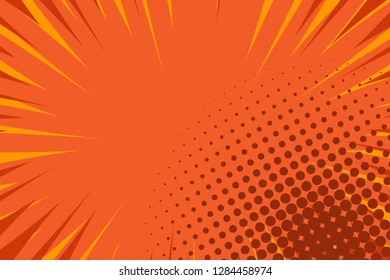Pop art comic book strip cover design. Explosion, isolated retro style comics radial orange background. Halftone colored background frame.