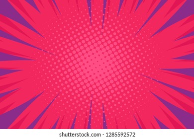 Pop art comic book strip cover design. Explosion, isolated retro style comics radial pink, background. Halftone colored background frame.