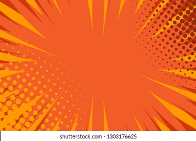 Pop art comic book strip cover design. Explosion, isolated retro style comics radial orange background. Halftone colored background frame.