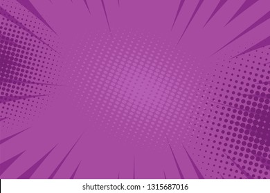 Pop art comic book strip cover design. Explosion, isolated retro style comics radial lilac, purple background. Halftone colored background frame.