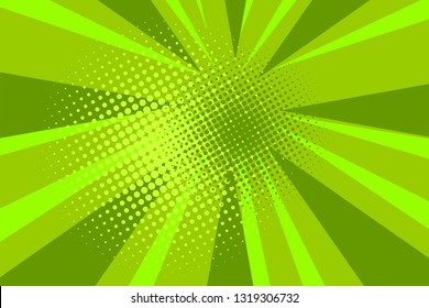 Pop art comic book strip cover design. Explosion, isolated retro style comics radial green background. Halftone colored background frame.