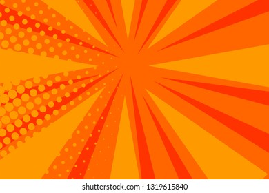 Pop art comic book strip cover design. Explosion, isolated retro style comics radial orange background. Halftone colored background frame.
