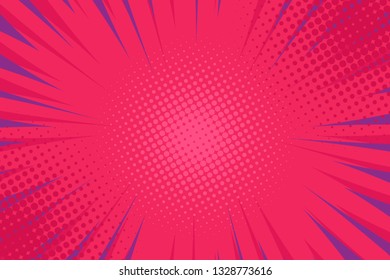 Pop art comic book strip cover design. Explosion, isolated retro style comics radial pink, background. Halftone colored background frame.