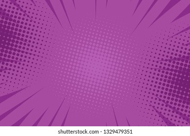 Pop art comic book strip cover design. Explosion, isolated retro style comics radial lilac, purple background. Halftone colored background frame.