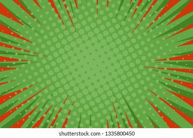 Pop art comic book strip cover design. Explosion, isolated retro style comics radial green background. Halftone colored background frame.