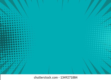 Pop art comic book strip cover design. Explosion, isolated retro style comics radial blue background. Halftone colored background frame.