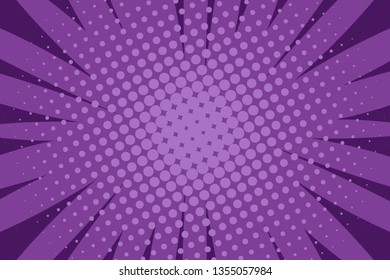 Pop art comic book strip cover design. Explosion, isolated retro style comics radial lilac, purple background. Halftone colored background frame.