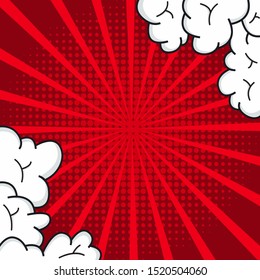 Pop art comic book strip cover design. Explosion, isolated retro style comics radial red background. Halftone colored background frame.
