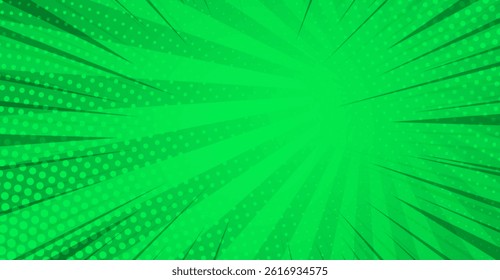 Pop art comic book strip cover design. Comic green halftone dot background. Pop art retro style. Bright green rays background.
