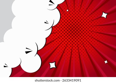 Pop art comic book strip cover design. Explosion, isolated retro style comics radial red background. Halftone colored background frame.