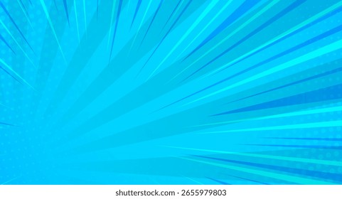 Diseño de portada de tira de cómic de arte Pop. Fondo de punto de semitono azul cómico. Arte Pop estilo retro. Fondo de rayos rojos brillantes.