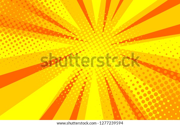 Pop art comic book strip cover design. Explosion,\
isolated retro style comics radial yellow background. Halftone\
colored background frame.