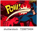 Pop art comic book style panel with superhero fighting, throwing punch and beating super villain vector poster wall decoration illustration