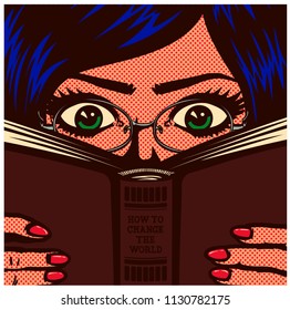 Pop art comic book style bookworm nerdy female student girl wearing glasses studying and reading book manual front view vector illustration