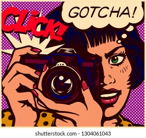 Pop art comic book style paparazzi female journalist reporter or photographer girl taking picture scoop with vintage analog photo camera vector illustration