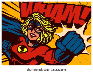 Pop art comic book style super heroine punching with female superhero costume poster design wall decoration illustration
