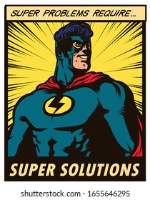 Pop art comic book style superhero taking action with problem solving strategy vector poster illustration