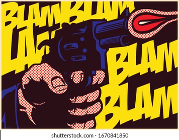 Dibujo con arma de fuego en forma de libro de historietas pop, arma de fuego con blam onomatopoeia ilustración vectorial