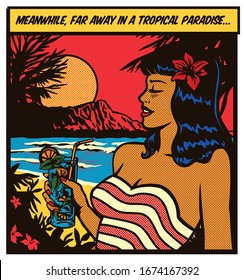 Pop Art Comic Book Style Summer Girl In Swimsuit Relaxing And Enjoying Holidays, Drinking Mojito Cocktail In A Tropical Paradise Island Beach Vector Poster Illustration