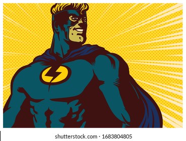 Pop art comic book style self-confident and powerful superhero with radial background vector illustration