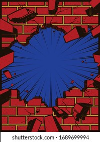 Pop art comic book style hole in brick wall torn down exploding, explosion cartoon vector illustration