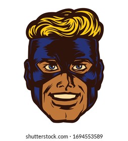 Pop art comic book style self-confident superhero head with smiling face isolated on white background front view vector illustration