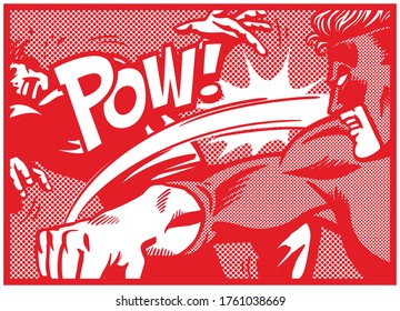 Pop art comic book style superhero fighting, throwing punch and beating super villain vector monochrome illustration on white background