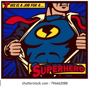 Pop art comic book style panel superhero tearing shirt and wearing costume vector poster illustration