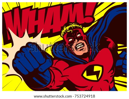 Pop art comic book style superhero punching vector poster design wall decoration illustration