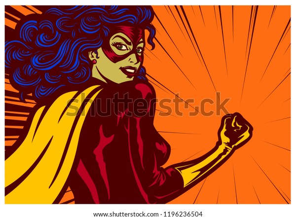 拳を握り締めた女性のスーパーヒーローベクターイラストを持つ ポップアートのコミック型スーパーヒロイン女性 のベクター画像素材 ロイヤリティフリー