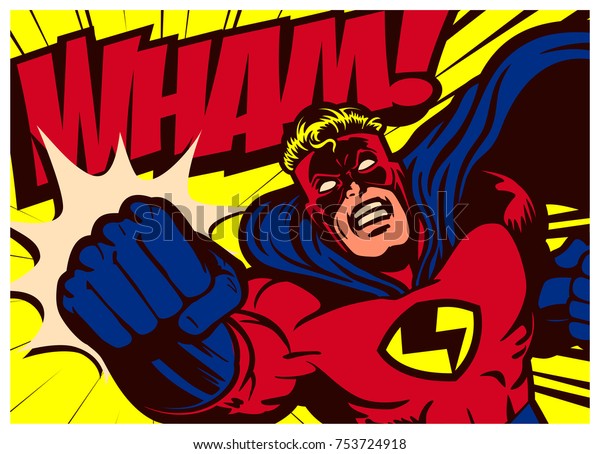 Pop art comic book style superhero punching vector poster design wall