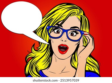 Pop Art Comic Book: Surprised young woman with an open mouth and glasses. Empty speech bubble. Vector illustration. Wow effect, pop art woman with wow face. Retro pop art style surprised and excited