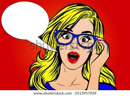 Pop Art Comic Book: Surprised young woman with an open mouth and glasses. Empty speech bubble. Vector illustration. Wow effect, pop art woman with wow face. Retro pop art style surprised and excited