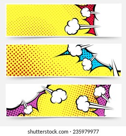 Pop Art Comic Book Yellow Header Collection - Dotted Web Footer Explosion Bubble Set Background. Vector Illustration