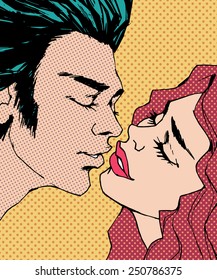 Pop Art Comic  color Illustration . Kissing couple. St. Valentine's Day Concept. 